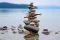 a tower of pebbles balancing precariously on a driftwood log