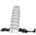 Tower of Pisa with landscape hand drawn illustration. Leaning Tower of Pisa, world heritage in Pisa, Tuscany, Italy Royalty Free Stock Photo