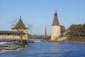 Tower of the Pskov Kremlin in winter evening Royalty Free Stock Photo