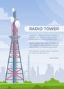 Tower radio flat vector poster template. Telecommunication and broadcasting wireless technology informational banner Royalty Free Stock Photo