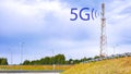 Tower repeater of mobile communication of the fifth generation. Standardization. Digital landscapes. Royalty Free Stock Photo