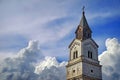 Spectacular sky in background. Tower of roman catholic church Baratia - landmark attraction in Bucharest, Romania