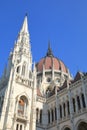 Tower and roof of old building of Hungarian Parliament in Budapest