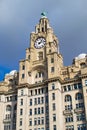 Tower of the Royal Liver Building with a white clock in Liverpool, England, United Kingdom Royalty Free Stock Photo