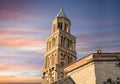 The tower of Saint Domnius Cathedral at sunset in the Diocletian`s Palace Old Town of Split, Croatia Royalty Free Stock Photo