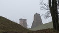 Tower Shchitovka and the church tower. Ruins of Mindovg Castle on Castle Hill. Novogrudok. Belarus. Autumn Royalty Free Stock Photo