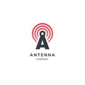 Tower signal antenna logo with A letter and radio signal wave. premium vector illustration