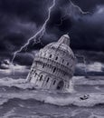 Tower sinking in flood and storm Royalty Free Stock Photo