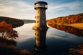 Tower that is sitting in the water near lake. Generative AI Royalty Free Stock Photo