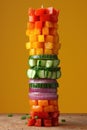 A tower of sliced vegetables stacked on top of each other, AI