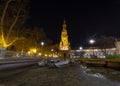 Tower in the Spain square in Seville at night. One of the most important places of the city Royalty Free Stock Photo