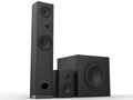 Tower speaker, mid range speaker and a sub woofer loudspeaker - side view Royalty Free Stock Photo