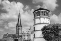 The tower of St. Lambertus basilica and Schlossturm, the palace tower, the only remnant of the Dusseldorf castle in Burgplatz,