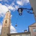 Tower of the St. Nicholas church in Merano, South Tyrol Royalty Free Stock Photo