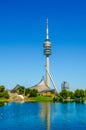 Tower of stadium of the Olympiapark in Munich, Germany, is an Olympic Park which was constructed for the 1972 Summer Royalty Free Stock Photo