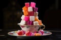 tower of sugar cubes on a vibrant teacup saucer