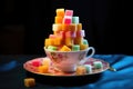 tower of sugar cubes on a vibrant teacup saucer Royalty Free Stock Photo