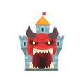 Tower of terror or horror fortress. Entrance to castle in form of giant red monster face with horns and big teeth