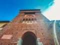 Tower Torrione del Carmine, La torre del Filarete and brick walls of old medieval Sforza Castle Castello Sforzesco. Milan,