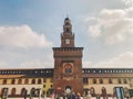 Tower Torrione del Carmine, La torre del Filarete and brick walls of old medieval Sforza Castle Castello Sforzesco. Milan,