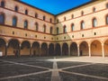 Tower Torrione del Carmine, La torre del Filarete and brick walls of old medieval Sforza Castle Castello Sforzesco. Milan, Royalty Free Stock Photo