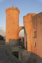 Tower of tribute Bellver castle, illuminated by sunset light