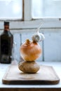 Tower of vegetables. Onions potatoes, garlic. Creative. Trend photography