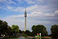 Tower of the Westfalenpark surrounded by trees and water in Dortmund, Germany Royalty Free Stock Photo