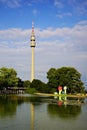 Tower of the Westfalenpark surrounded by trees and water in Dortmund, Germany Royalty Free Stock Photo