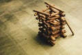Tower of whole sticks of fragrant cinnamon on a wooden rural table. copyspace. composition of seasoning and slide flavoring
