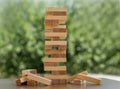 Tower of wooden blocks on a wooden table. The concept of building a business or building a team. Copy space for text Royalty Free Stock Photo