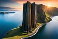 A towering basalt column formation, with hexagonal pillars rising like natural skyscrapers Royalty Free Stock Photo