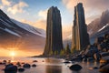 A towering basalt column formation, with hexagonal pillars rising like natural skyscrapers Royalty Free Stock Photo