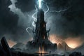 a towering black tower in mordor, with lightning bolts flashing and thunder roaring