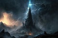 a towering black tower in mordor, with lightning bolts flashing and thunder roaring