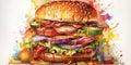A towering burger in a watercolor painting that captures the heartiness and indulgence of a classic burger