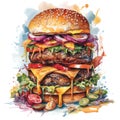 A towering burger in a watercolor painting that captures the heartiness and indulgence of a classic burger Royalty Free Stock Photo
