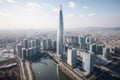 a towering city of tomorrow, with buildings and monuments of cutting-edge design