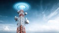 A towering communication structure against a vibrant blue sky, transmitting data signals. Royalty Free Stock Photo