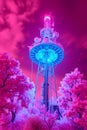 Futuristic Communications Tower Amidst Vibrant Pink Cherry Blossoms - Psychedelic Digital Illustration Royalty Free Stock Photo