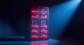 Towering computer case illuminated by vibrant red fans and blue spotlight Royalty Free Stock Photo