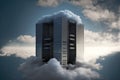 A towering computer server rising above the clouds, symbolizing the limitless potential and power of cloud computing technology, Royalty Free Stock Photo