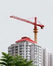 Towering construction crane above modern building, showcasing urban development and architectural progress in a minimalist Royalty Free Stock Photo