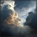 Towering cumulus clouds with a dramatic mix of light and shadow create a striking