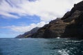 Towering, eroding cliffs of the Napali Shoreline contrasting against the deep blue waters of the Pacific Ocean