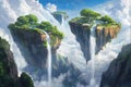 Towering floating cliffs, waterfalls flowing upward, mistshrouded temples and mossy ledges perched above cloud canyons Royalty Free Stock Photo