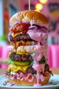 Towering Gourmet Burger with Multiple Patties and Colorful Toppings on a White Plate