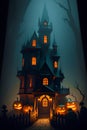 towering haunted house set against the backdrop of a Halloween night sky Royalty Free Stock Photo