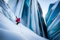 A towering icefall with climbers navigating intricate frozen features, showcasing the art of ice climbing