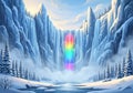 Towering icy cliffs form a waterfall with a vibrant rainbow Royalty Free Stock Photo
